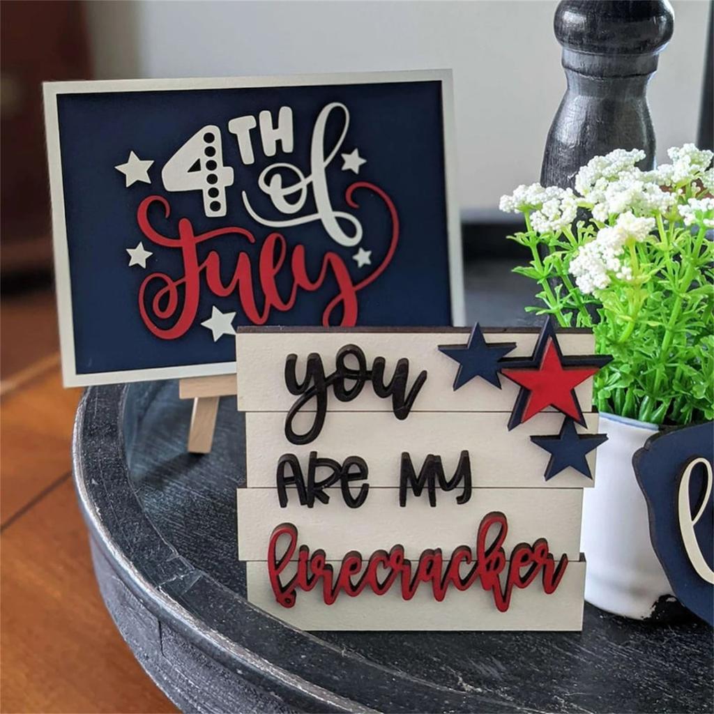 8 Pcs Patriotic Tiered Tray Decor Bundle Wood Signs Independence Day Signs American Star Decor Veterans Day Red White Blue Decorations For Inde