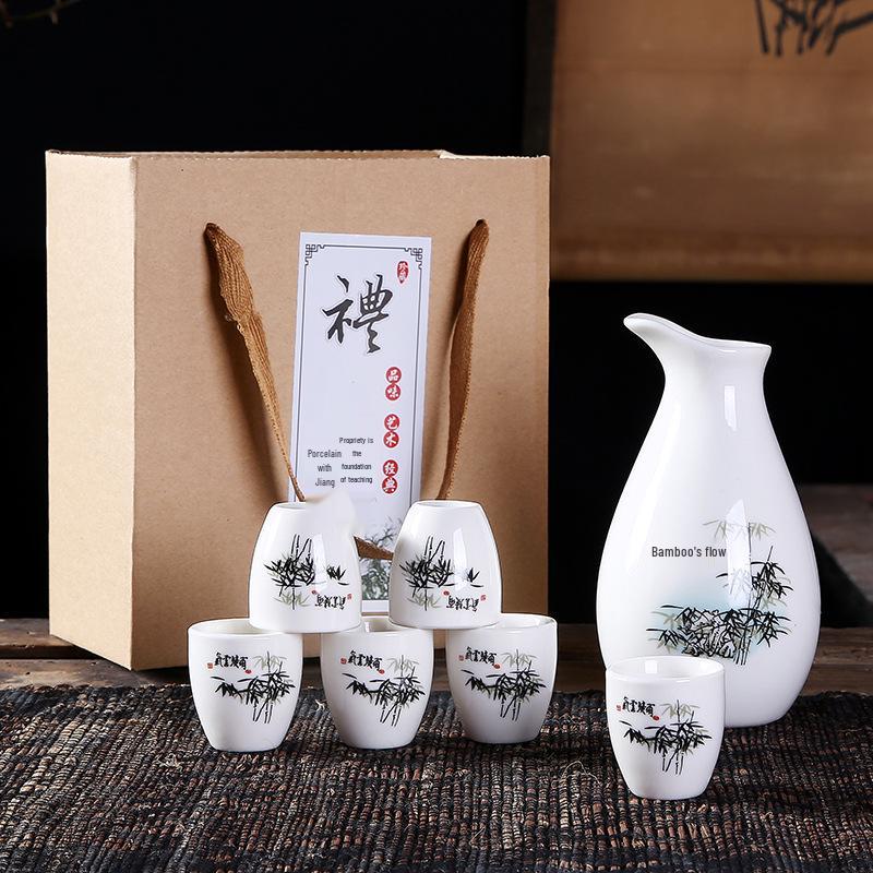 Deluxe Ceramic Wine Set: Heated Wine Pot & Six Baijiu Cups