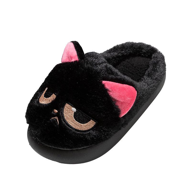 Women's & Men's Cute Black Cat Cotton Plush Home Slippers - Warm Closed-Toe Postpartum Shoes