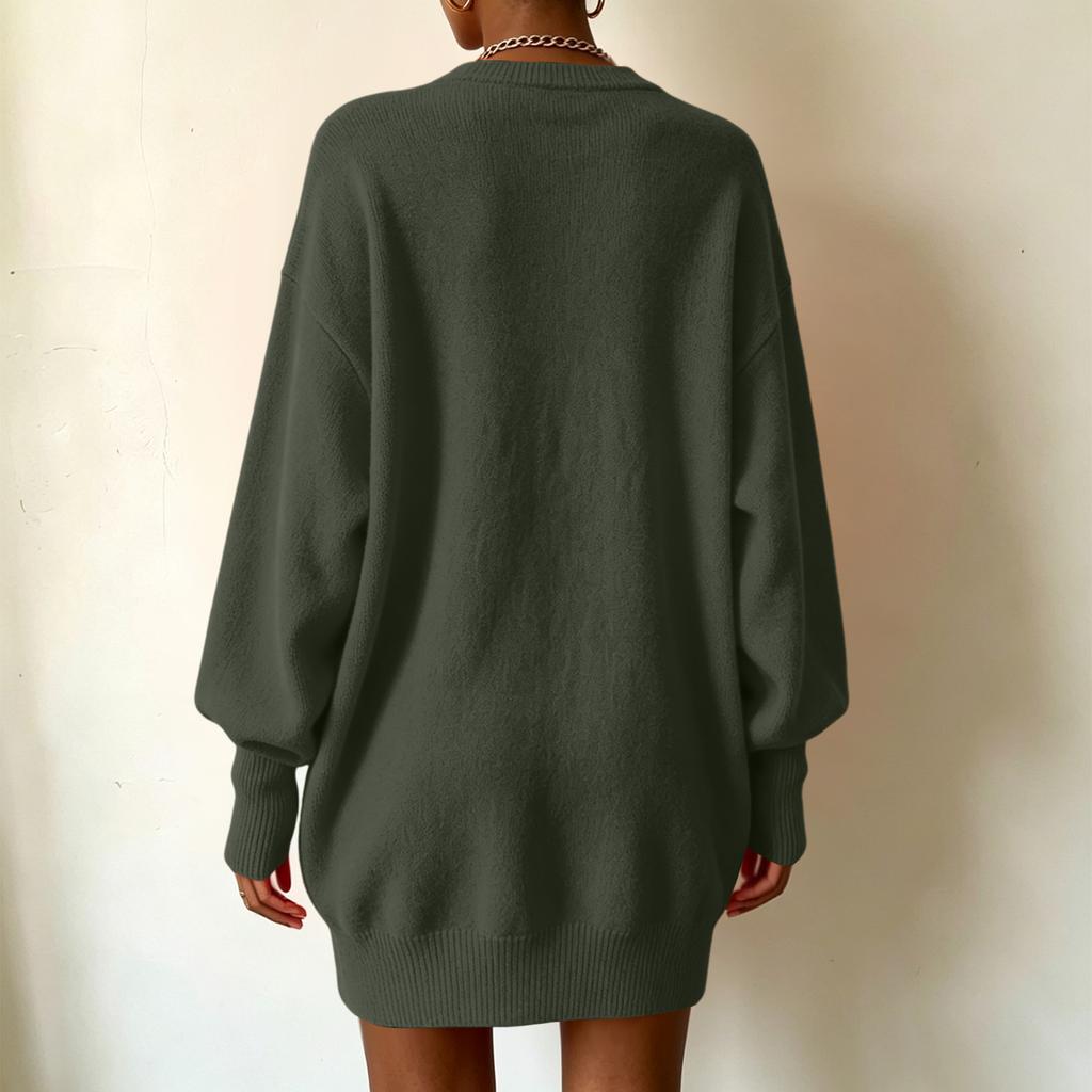 Women's Loose Fit Knit Midi Sweater Dress with Sleeves and Turn-Down Collar