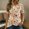 Women Short Sleeve T Shirt Floral Print Button Detail Round Neck Casual Blouse Lightweight Soft Fabric Summer Top