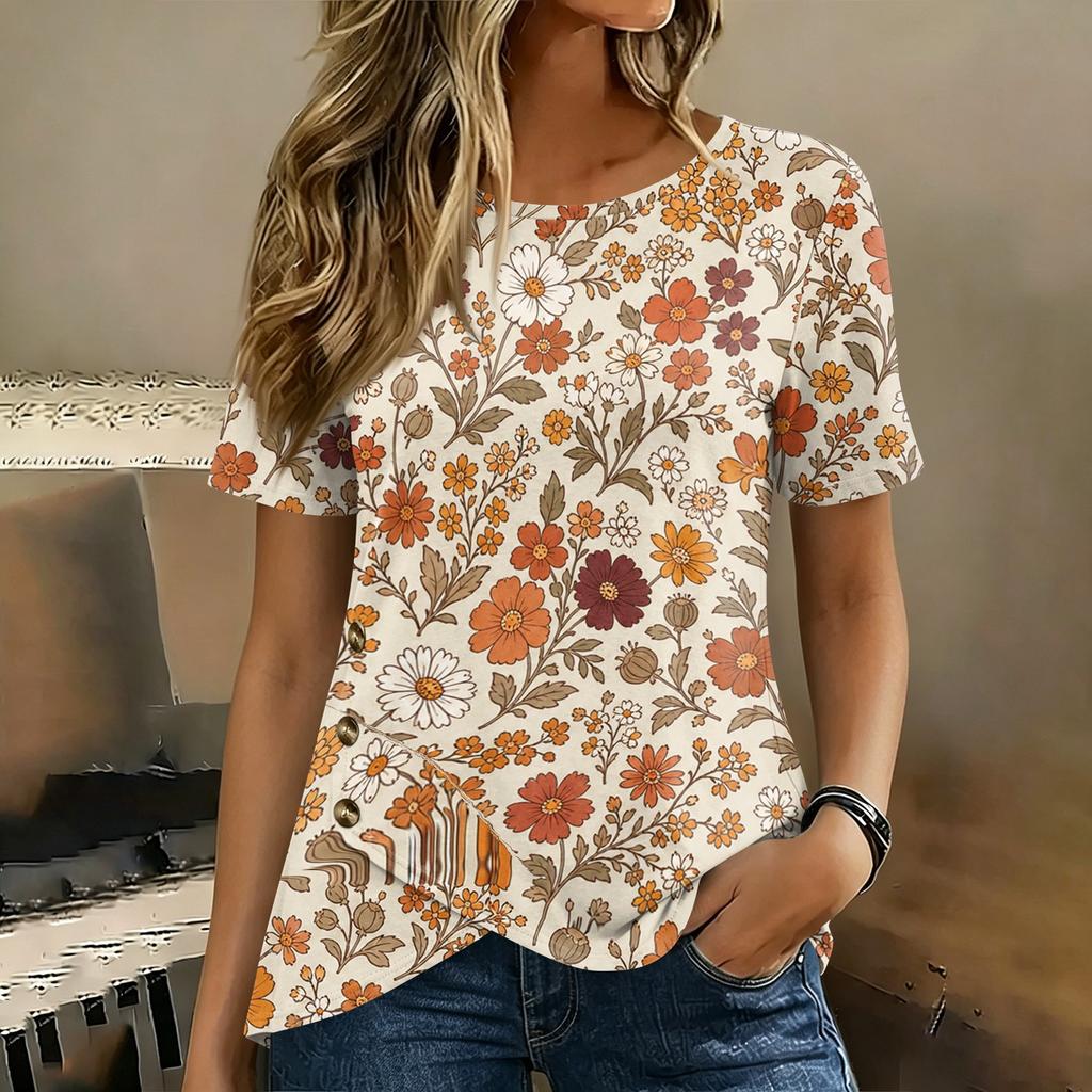 Women Short Sleeve T Shirt Floral Print Button Detail Round Neck Casual Blouse Lightweight Soft Fabric Summer Top