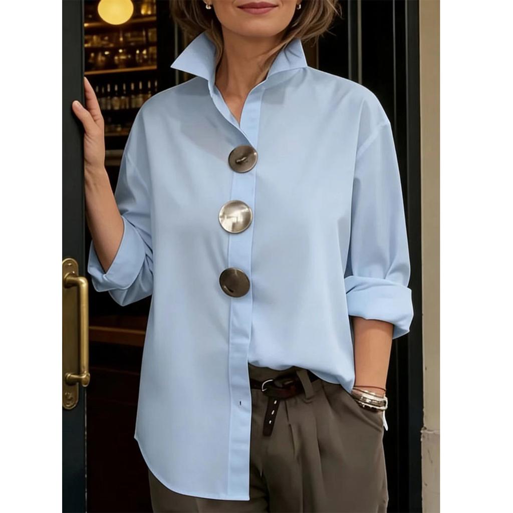 Spring and summer new solid color stand-up collar metal button long-sleeve shirt top for women