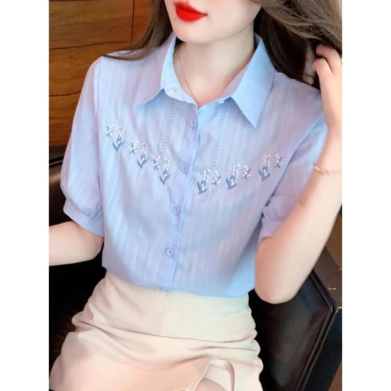 Women Collar Floral Embroidery Puff Short Sleeve Button Down Blouse