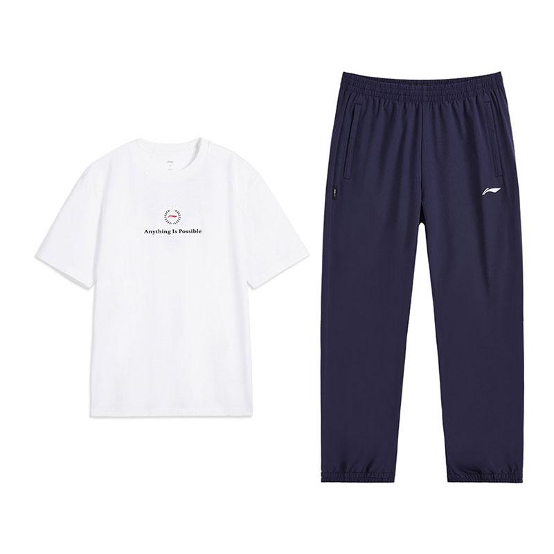 Li-Ning Fashionable Versatile Breathable Short Sleeve Comfortable Long Pants Casual Set Unisex sets Standard-White Sailor-Blue A87-1+V809-2