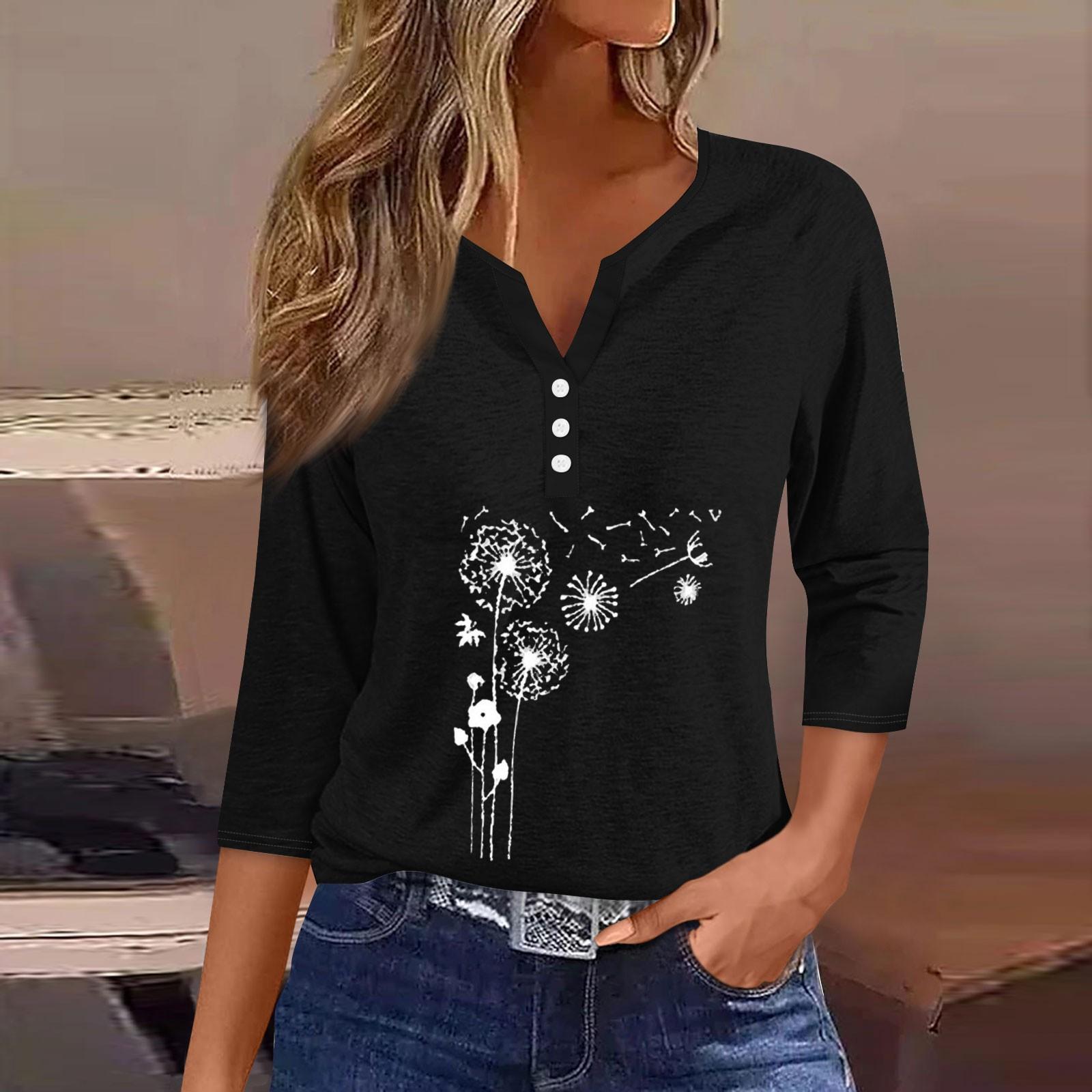 

Жен. Футболка Футболка С принтом Пуговицы Рукав 3/4Ежедневно Выходные Мода Классический Топ с v-образным вырезом Обычный L чёрный