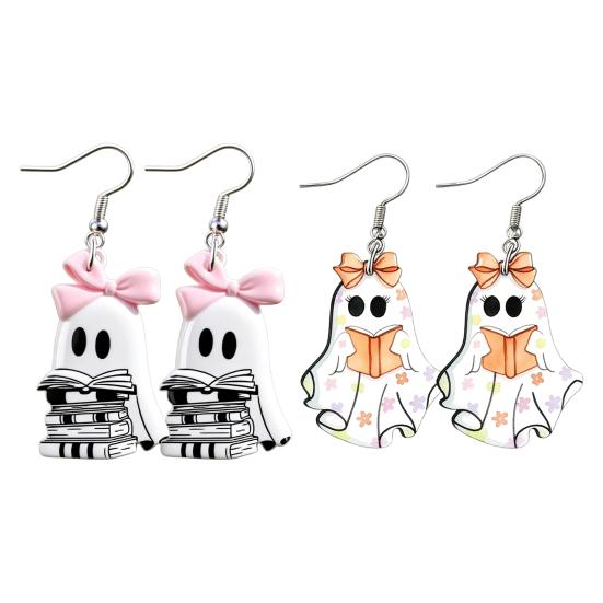 Polished Acrylic Charms Cute Reading Ghost Earrings, Sweet Bowknot Drop Dangle Earrings Lightweight Halloween Jewelry for Women Girls Fashionable