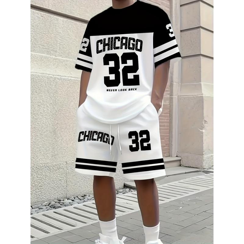 2-piece Men's City 32 Digital Pattern T-shirt and Matching Shorts Set - Breathable Black and White Sports Style Summer Outfit