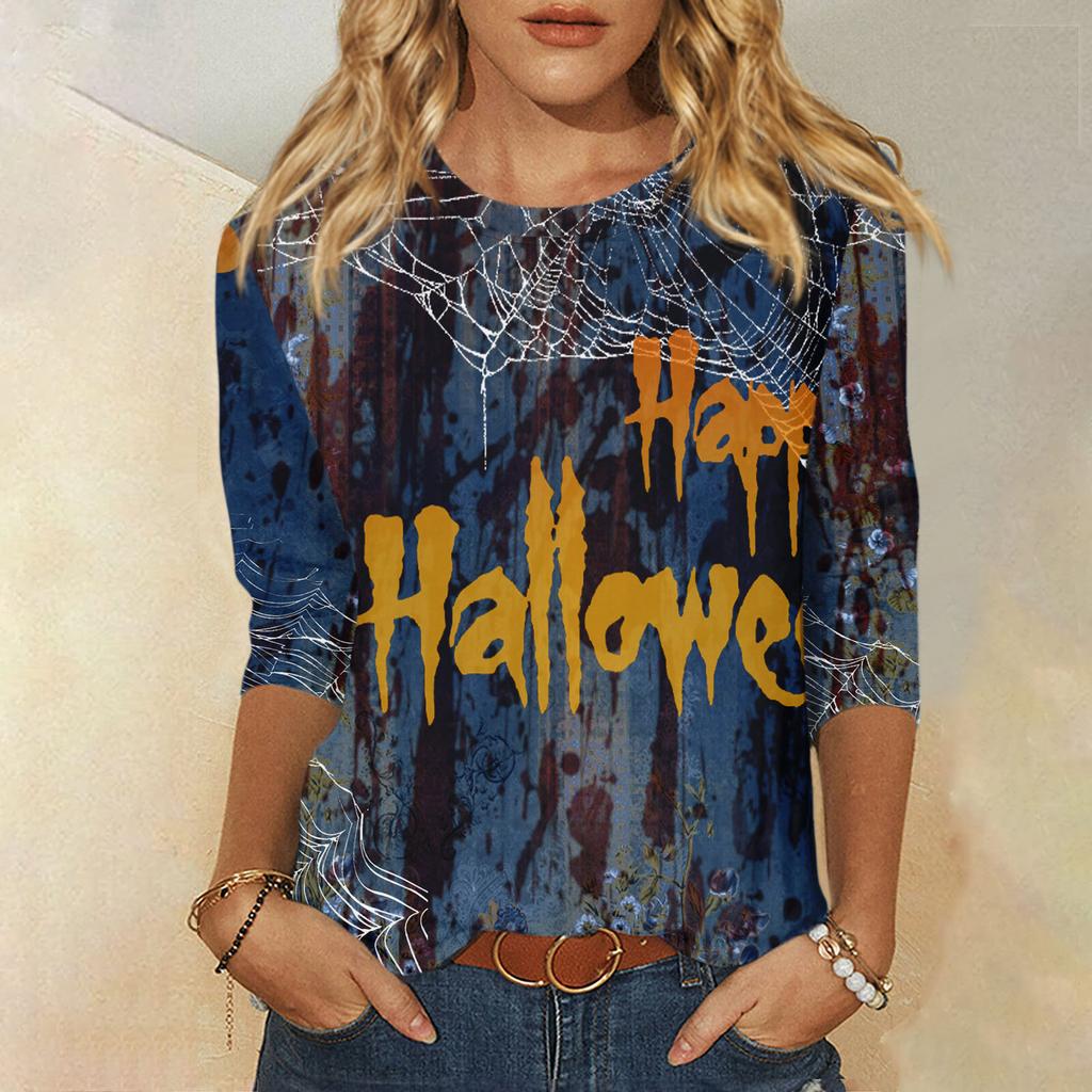 2024 New Women's Halloween Long Sleeve T-Shirt Spider Web Print Round Neck Casual Basic Loose Ladies Designer Tops