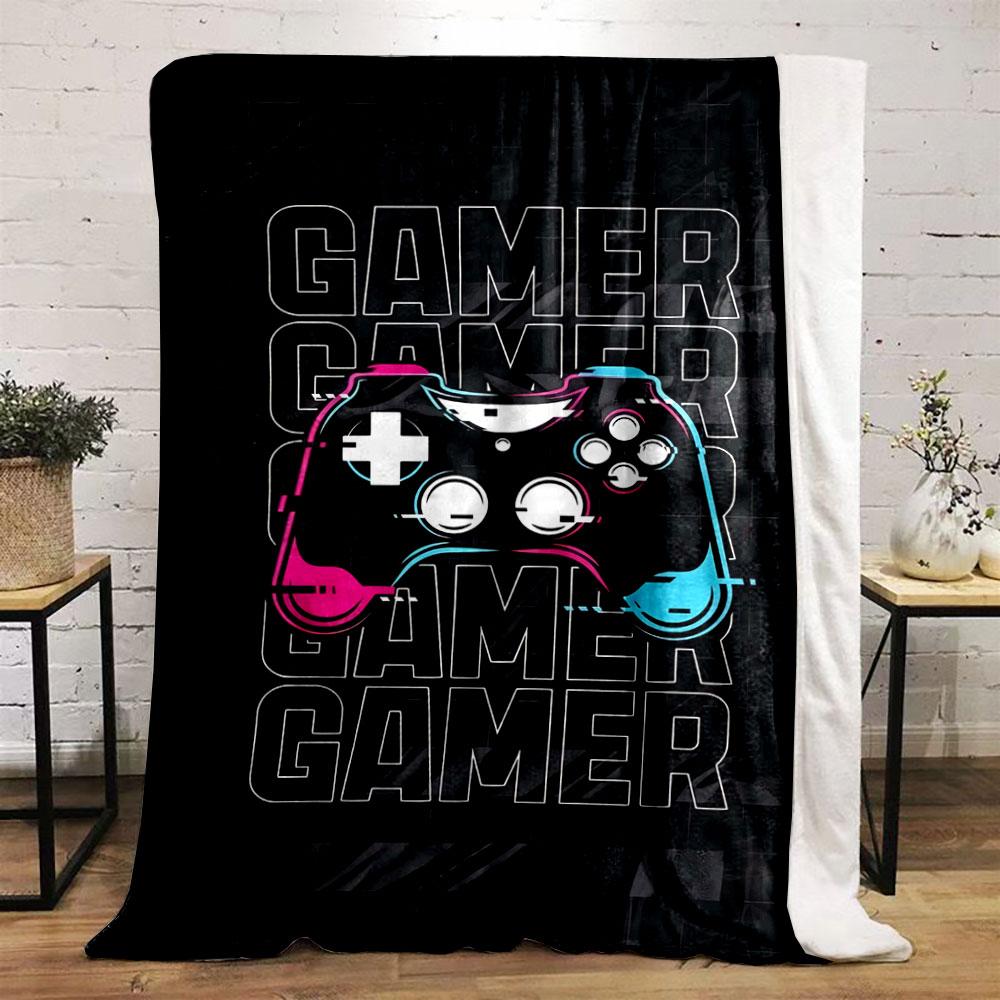 A Colorful Game Controller Over Repeated "GAMER" Text On a Dark Background. for All Seasons Blanket Lunch Break Throw Gift