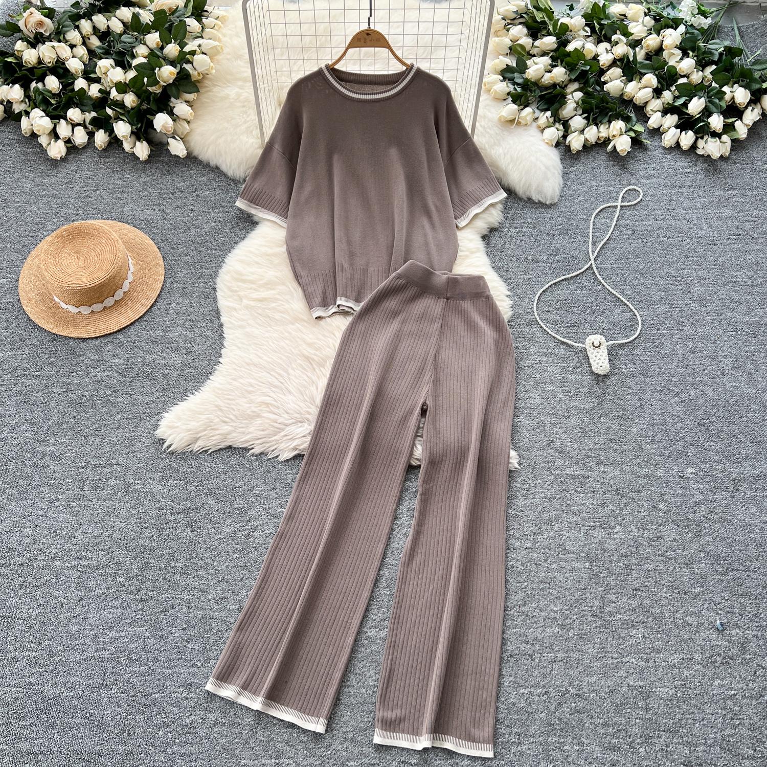 

Летний женский трикотажный свитер, брюки, комплект из двух предметов, женский свитер с коротким рукавом, топ и брюки длиной до щиколотки, спортивный костюм One Size