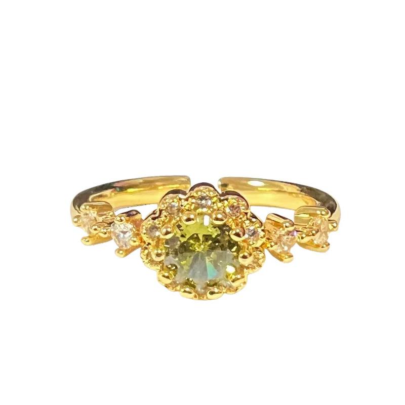 Court Style Retro Olive Green Zircon Colored Treasure Open Ring Ring Simple Light Luxury Niche Design Stacked Ring Woman