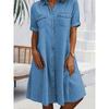 Women‘s Collar Neck Short Sleeve A-Line Midi Dress Denim Solid Casual Plus Gown