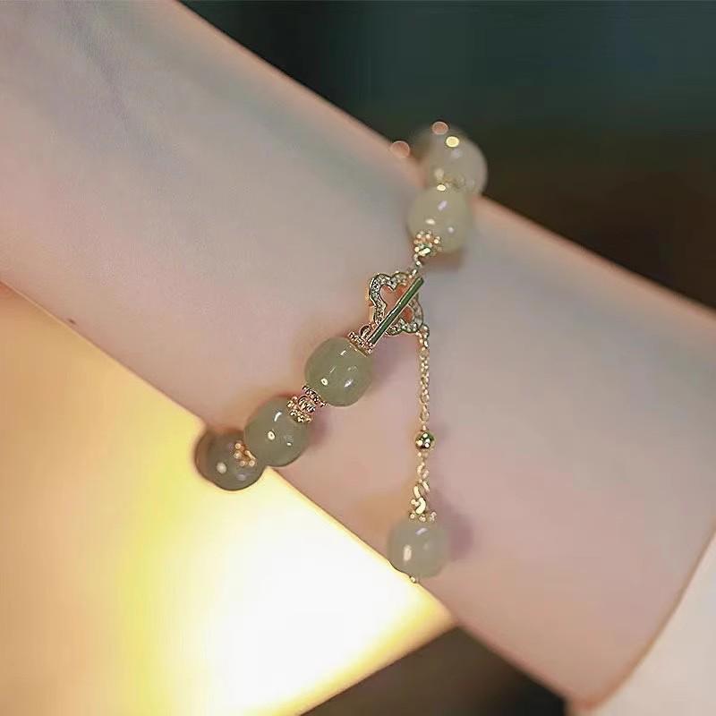 Golden Silk Jade Bamboo Bracelet: Elegant Beaded Pumpkin Design with Imitation Hetian Jade In New Chinese Retro Style