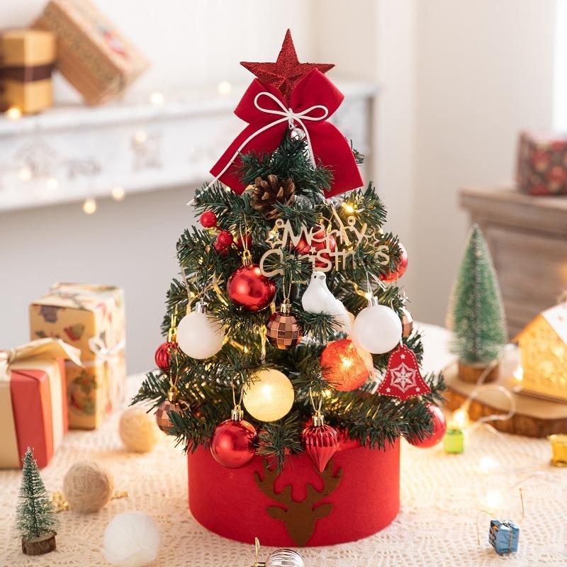 Mini Christmas Tree Set with Pinecones Red Ribbon Star Top Classic Holiday Decoration for Thanksgiving Christmas New Year  Decor