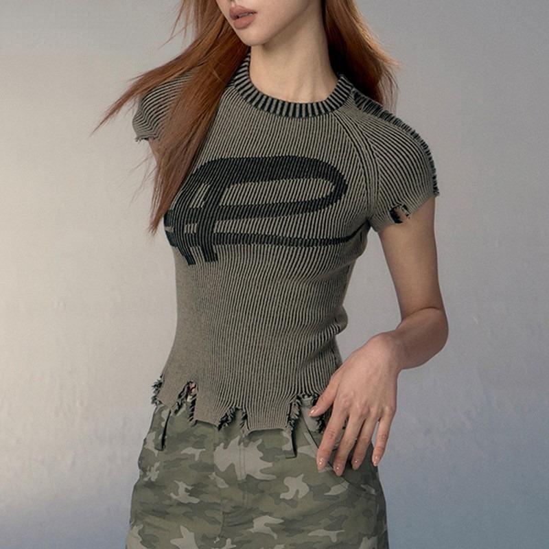 

Вязаный топ в стиле гранж-эстетика, винтажная футболка с потертостями, укороченный топ в стиле панк, облегающая футболка в рубчик в стиле Харадзюку, уличная одежда Y2k XL серый