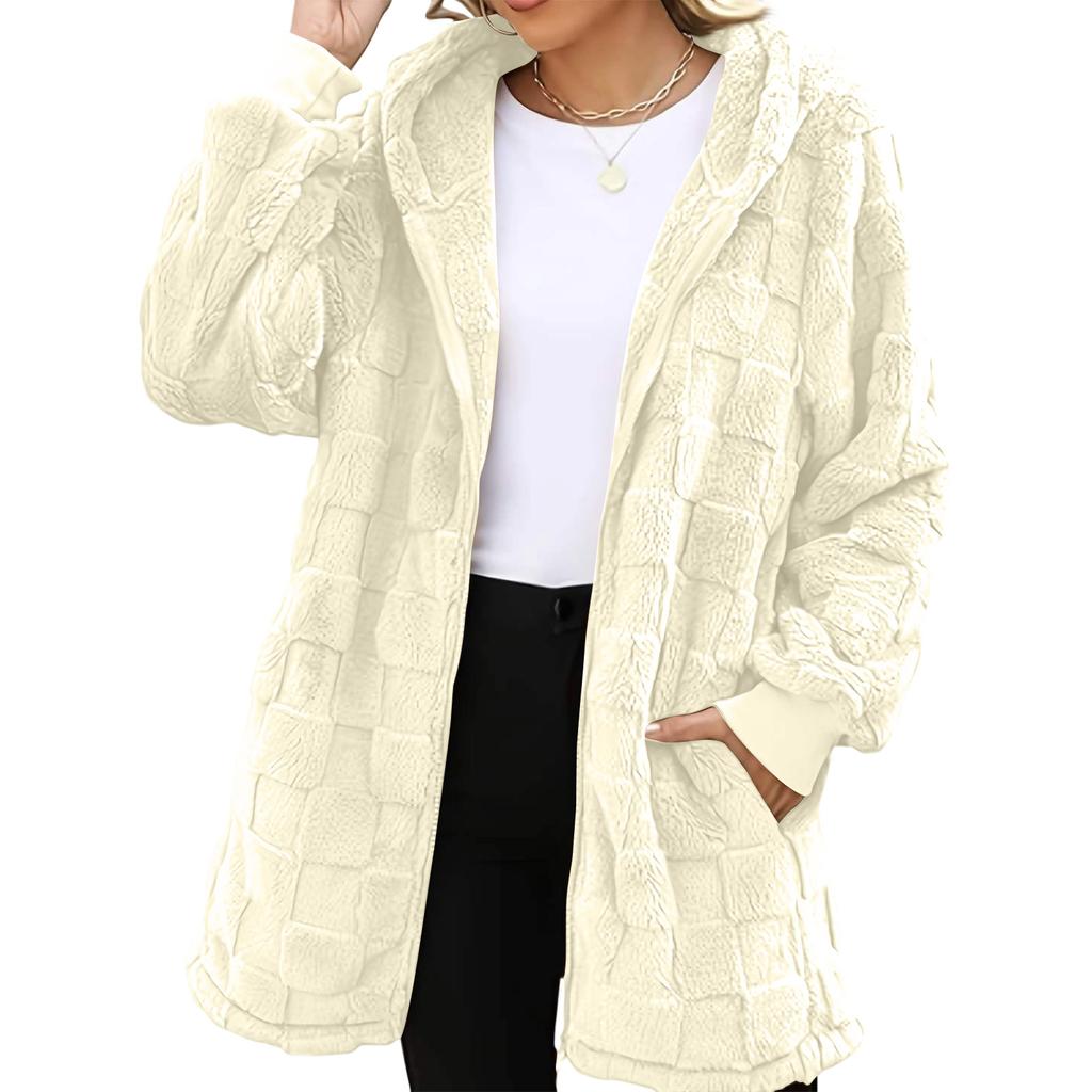 Women's Fashionable Casual Warm Thick Checkered Plush Mid-length Elegant Button And Zipper Cardigan Coat