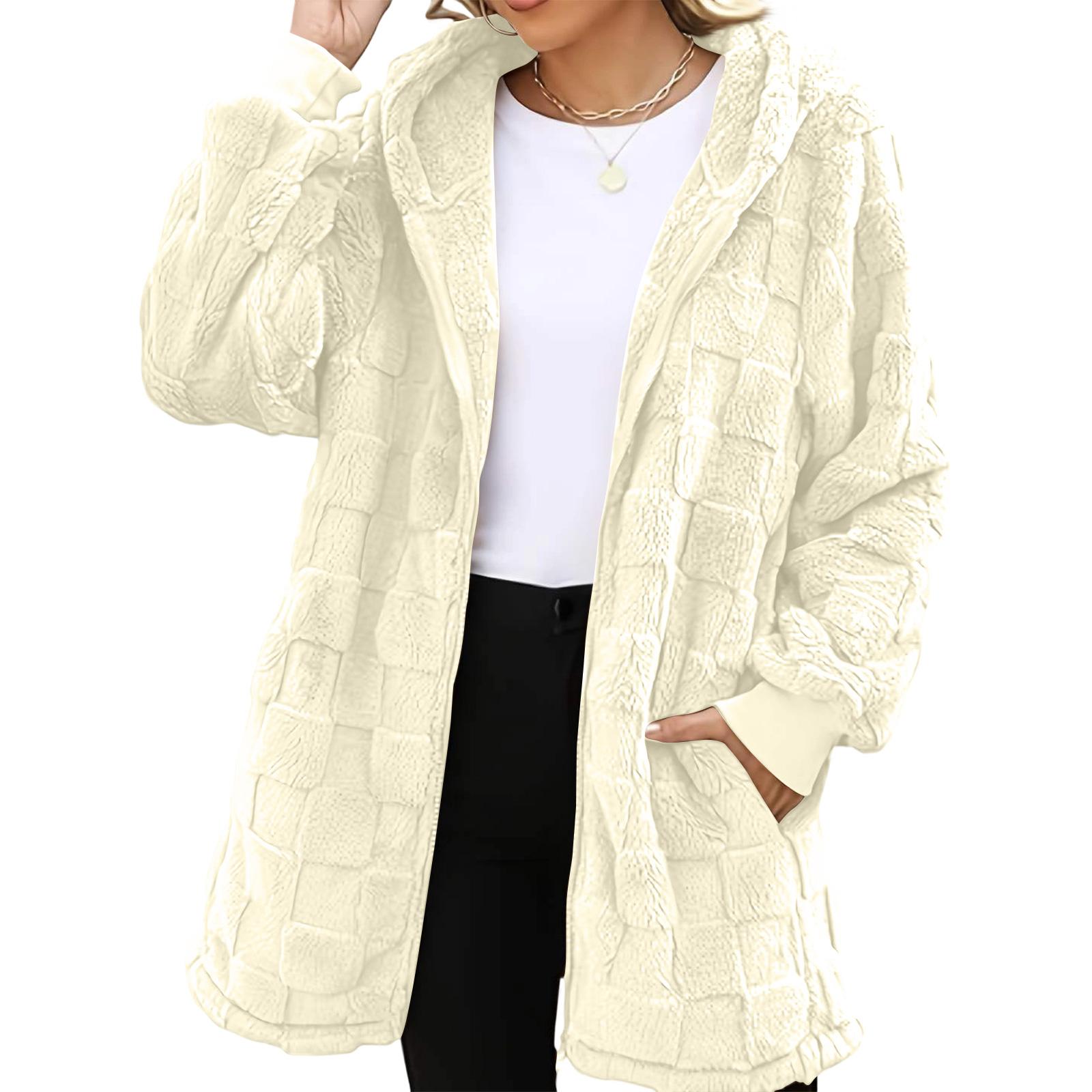 

Women s Fashionable Casual Warm Thick Checkered Plush Mid-length Elegant Button And Zipper Cardigan Coat L