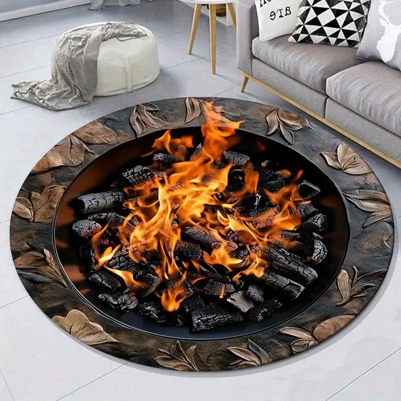 3D Vision Fire Pit Rug Anti-slip Living Room Decoration Round Carpet Waterproof Rugs for Bedroom Washable Bedside Creative Mat