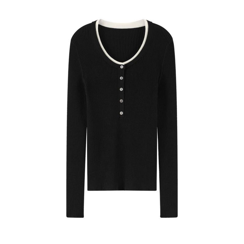 Elegant 60s Count Wool Round Neck Slimming Sweater - Women's Spring/Autumn Style, Faux Two-Piece Design