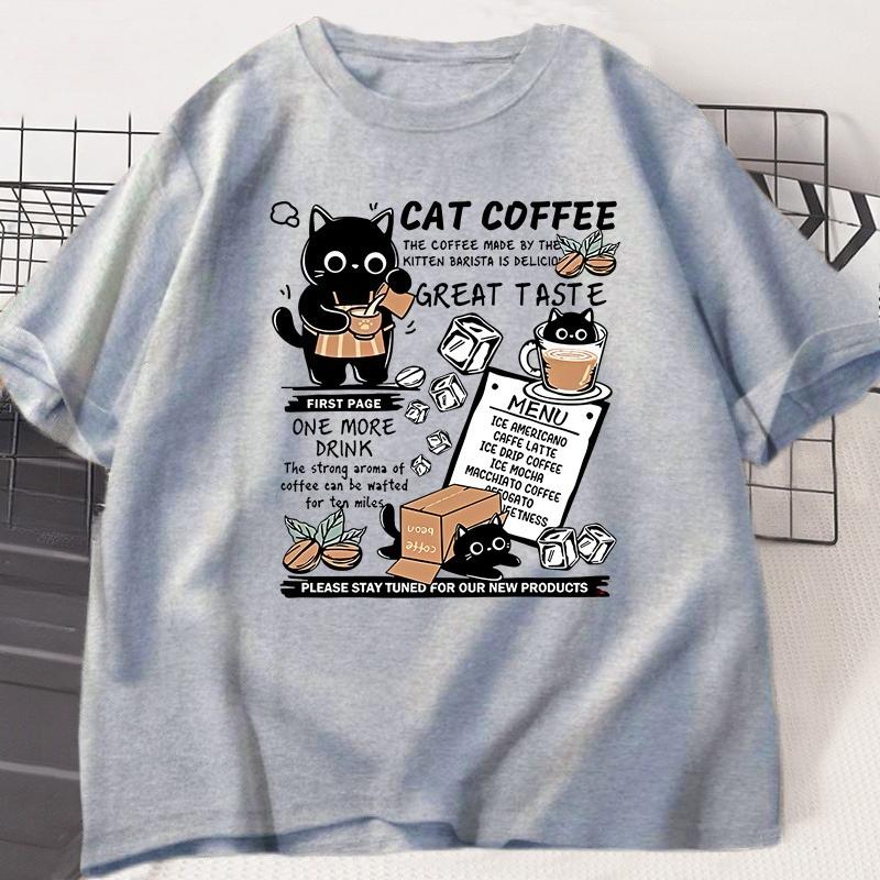 Funny Cat Make Coffe Print T Shirt for Unisex WOMEN Tshirt Summer Loose Cotton Short Sleeve Trendy Y2k Tops Unisexs Designer Clothes