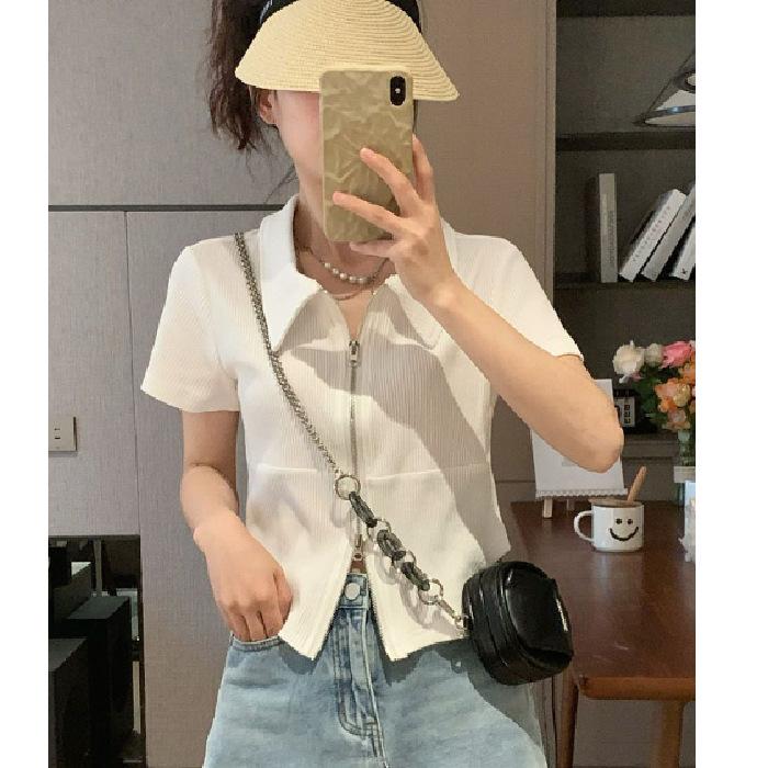 Polo Neck Short-sleeved T-shirt for Women In Summer Design Double Zipper Short Navel Versatile Student Top