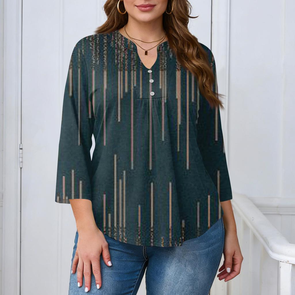 Women's Plus Size Fashionable Casual Loose Fit Three Quarter Sleeve Elegant Button Up V Neck Top