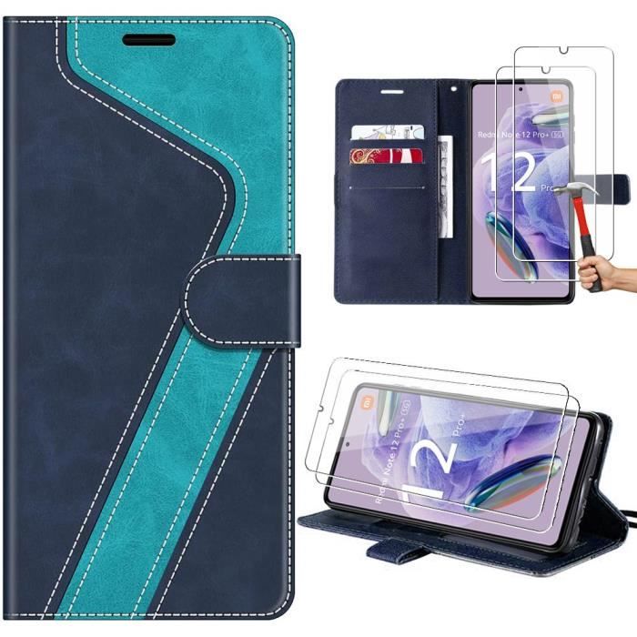 Coque + 2 Verres Trempés - E.F.Connection - Redmi Note 12 Pro Plus 5G - Cuir PU - Souple - Bleu