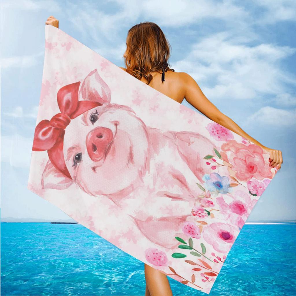 Cute Cartoon Pig Beach Towel Microfiber Lightweight Bath Towel Sandproof Sauna Spa Sport Travel Towels Quick Dry Bikini Cover Up