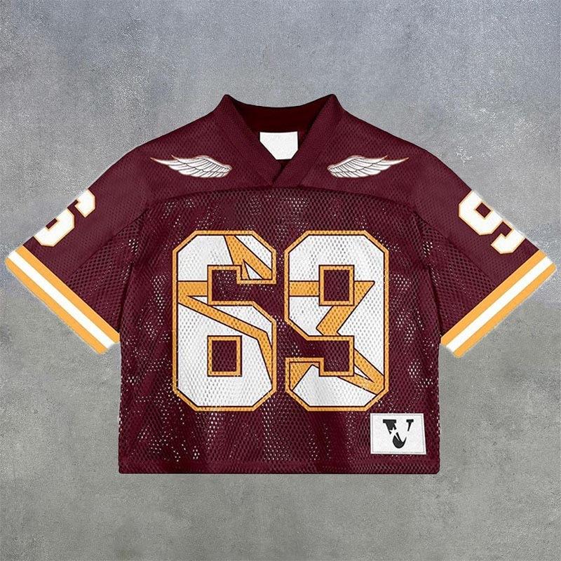 Maglietta americana Y2K, stile Harajuku, hip hop, moda, maglia da football, streetwear, vintage, casual, traspirante, con giunture, ampia, manica corta