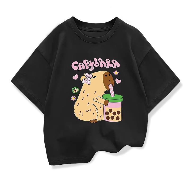 

Summer Children s T-shirt Cute and Fun Kapibala Capybara Milk Tea Print Pure Cotton Round Neck Parent-child Outfit Short Sleeved 130 чёрный