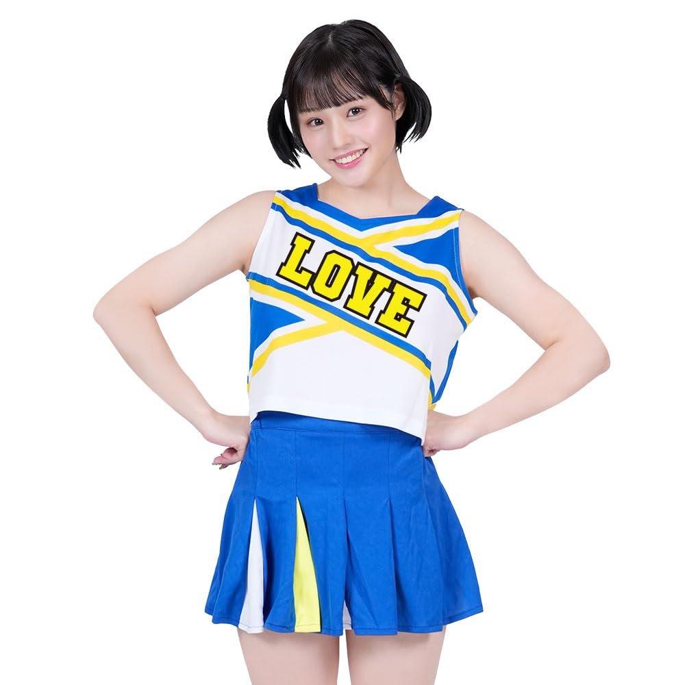 Be With Women's Cheerleader Cosplay Costume Set - LOVE Logo Crop Top and Pleated Mini Skirt, Blue & Yellow, Size M for Halloween Party Events