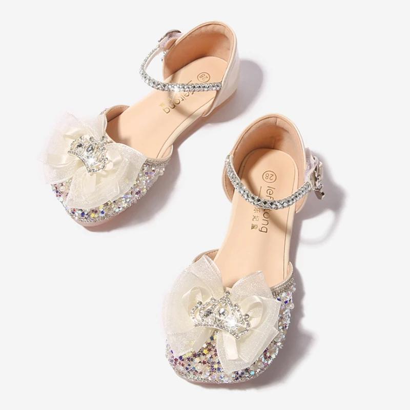 2024 Elegante Kindersandalen für Mädchen Mode Pailletten Süße Kinder Spitze Schleife Einzelne Schuhe Party Hochzeit Prinzessin Flache Sandalen