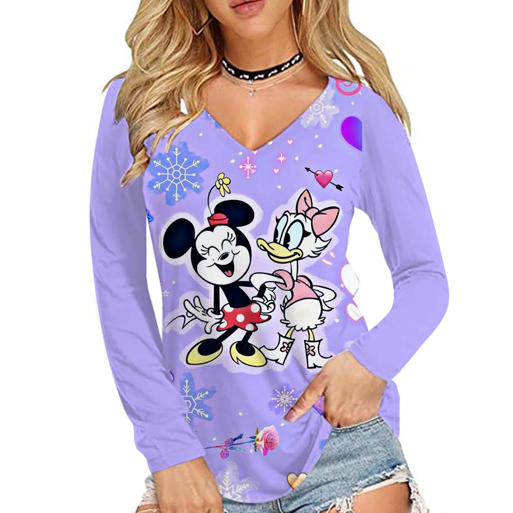 Disney Mickey Mouse Printed Women's Basic Long Sleeve Loose V-neck T-shirt Autumn/Winter 10 Color T-shirt Street Wear