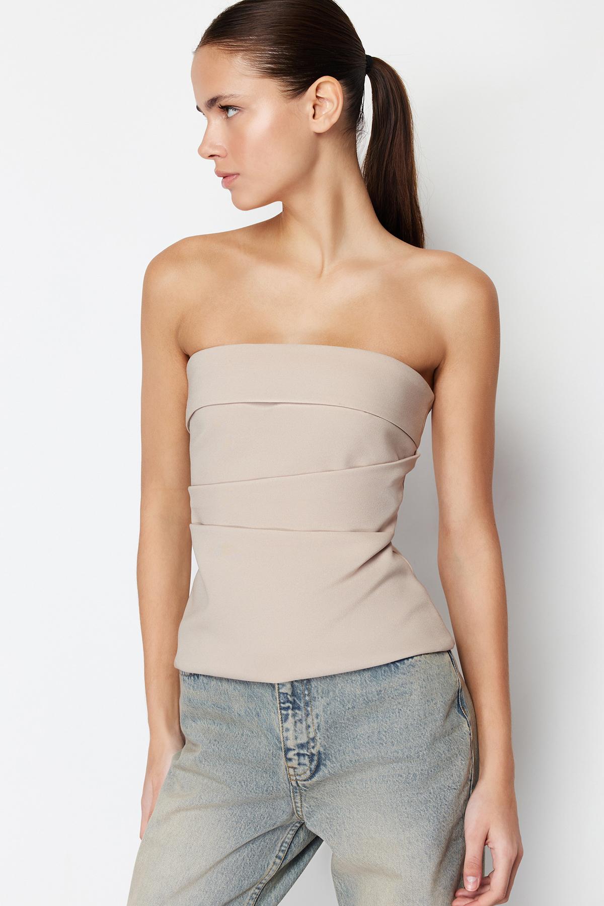

Women Fashion New Blouse Mink Strapless Fitted Woven Blouse XS світло-синій колір