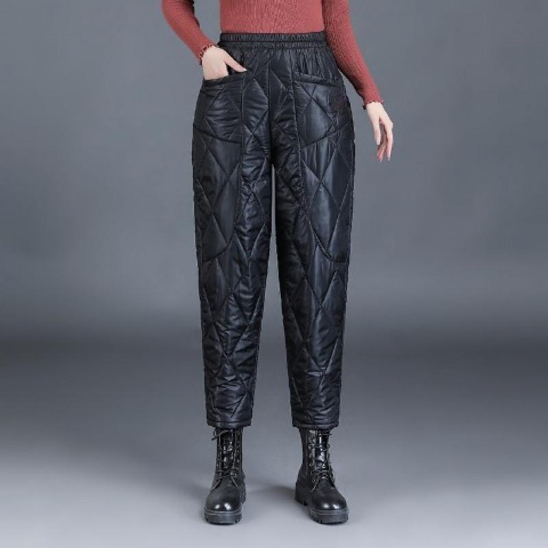 Autumn and Winter Plus Size Women's Thickened Padded Diamond Lattice Light Elastic Waist Hundred Solid Colour Warm Loose Trousers