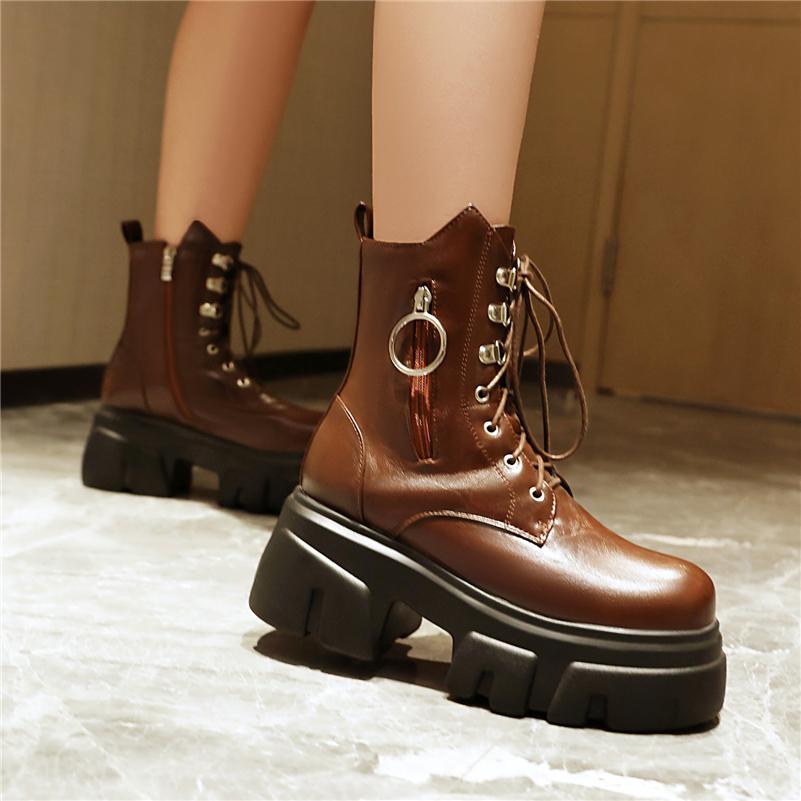 FOREADA Women Ankle Boots Round Toe Thick High Heels Platform Zipper Lace-up Short Boots Ladies Fashion Shoes Autumn Winter 44