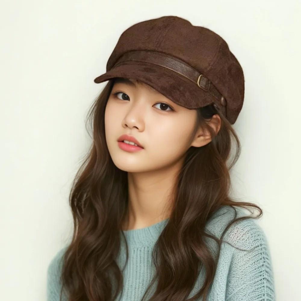 Maillard Vintage Leather Buckle Suede Beret Women's Autumn and Winter Fashion Brown Newsboy Hat Small Octagonal Hat