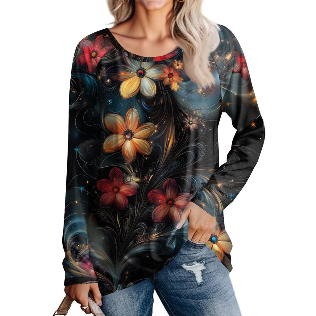 Women's Fashion Casual Long Sleeve  Print Round Neck Pullover Top Blouse