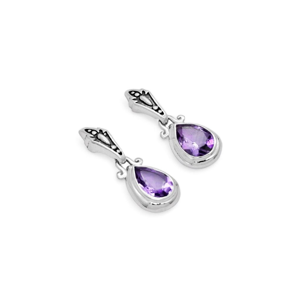 Amethyst Drop Earrings: Dainty 925 Sterling Silver, Oxidized Finish