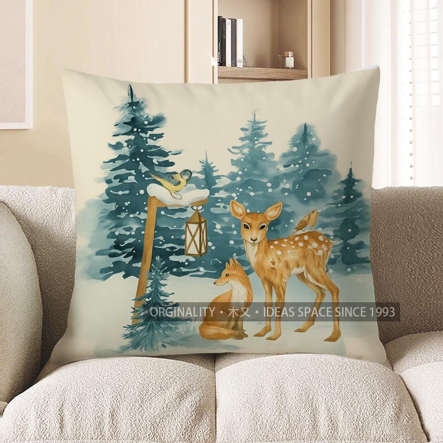 Home Decor Hello Winter Squirrel Pine Tree Pillow Cover Pattern Cushion Cover Suitable For Sofa Bedroom Car Pillow Cover