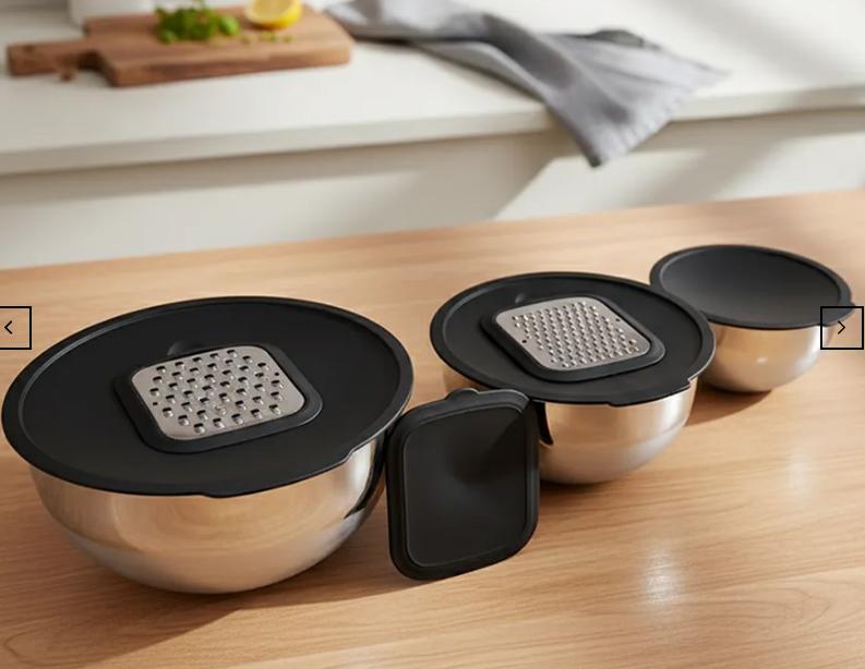 3-piece Stainless Steel Mixing Bowl Set with Grater Attachment 16-20-24 Cm 9 Pieces