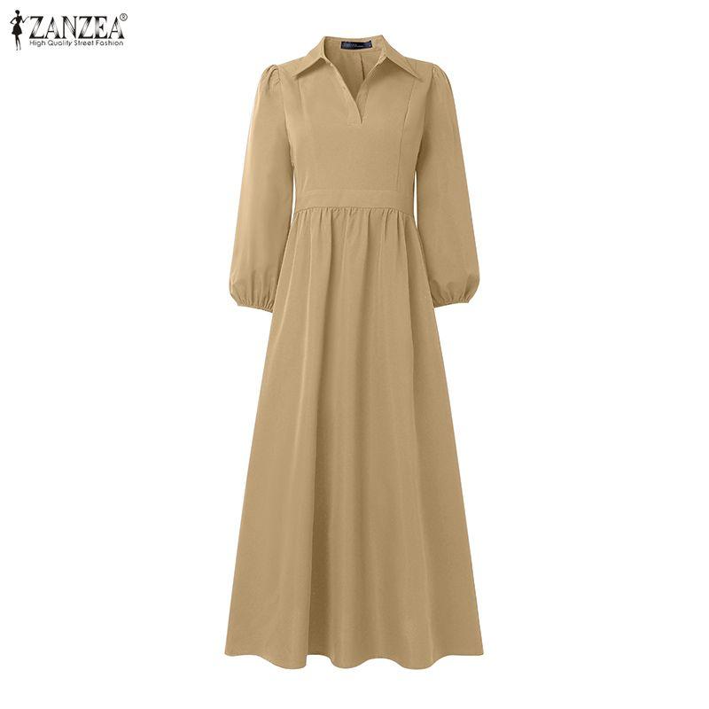 ZANZEA Vestido largo suelto informal de manga larga con cuello vuelto para mujer