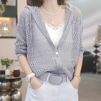 Hooded Hollow Zipper Knitted Cardigan Sweater for Women Fashion Casual Long Sleeve Loose Top