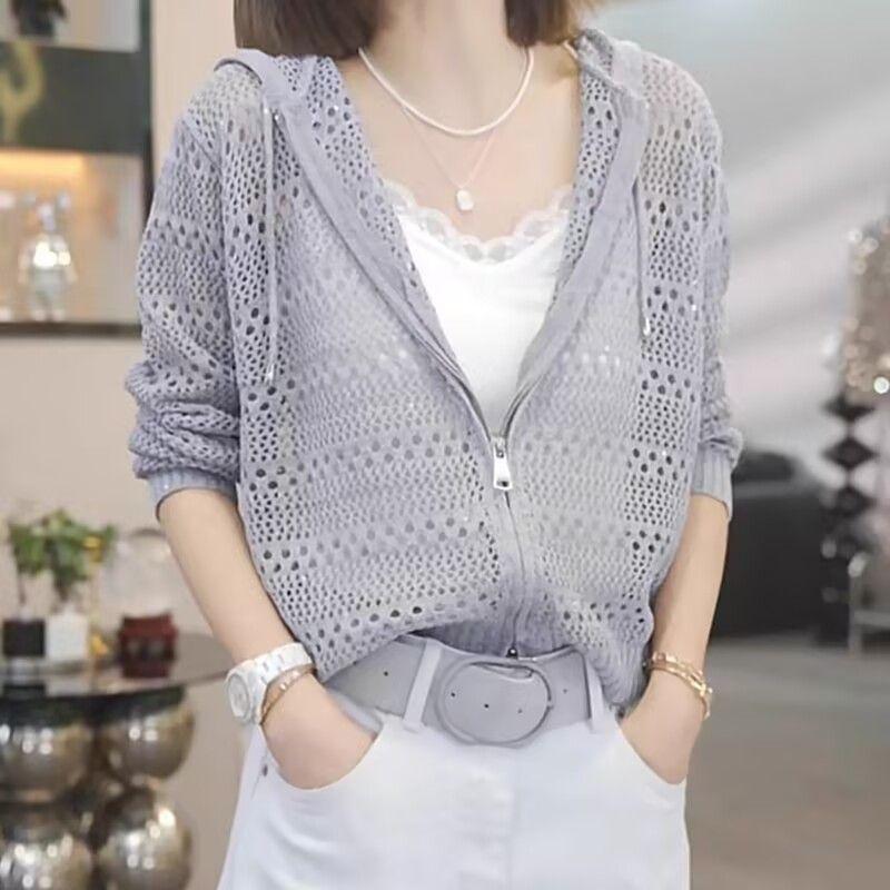 

Вязаный кардиган с капюшоном, с полым узором и молнией, для женщин, модный, повседневный, с длинным рукавом, свободный топ S серый