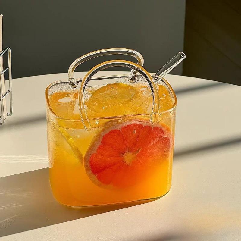 

Trendy Glass Handbag Drinkware Set - with Tray, Creative Fruit Juice/Cocktail Cup for Bar/Pub, Stylish Bistro Glassware 770ml