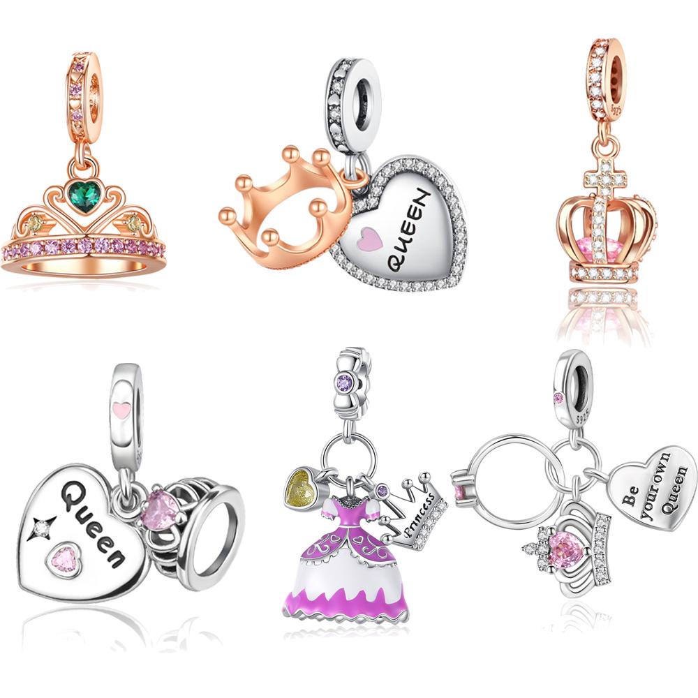 S925 Silver DIY Fashion Beaded Queen Crown Pendant Rose Gold Bead Accessories