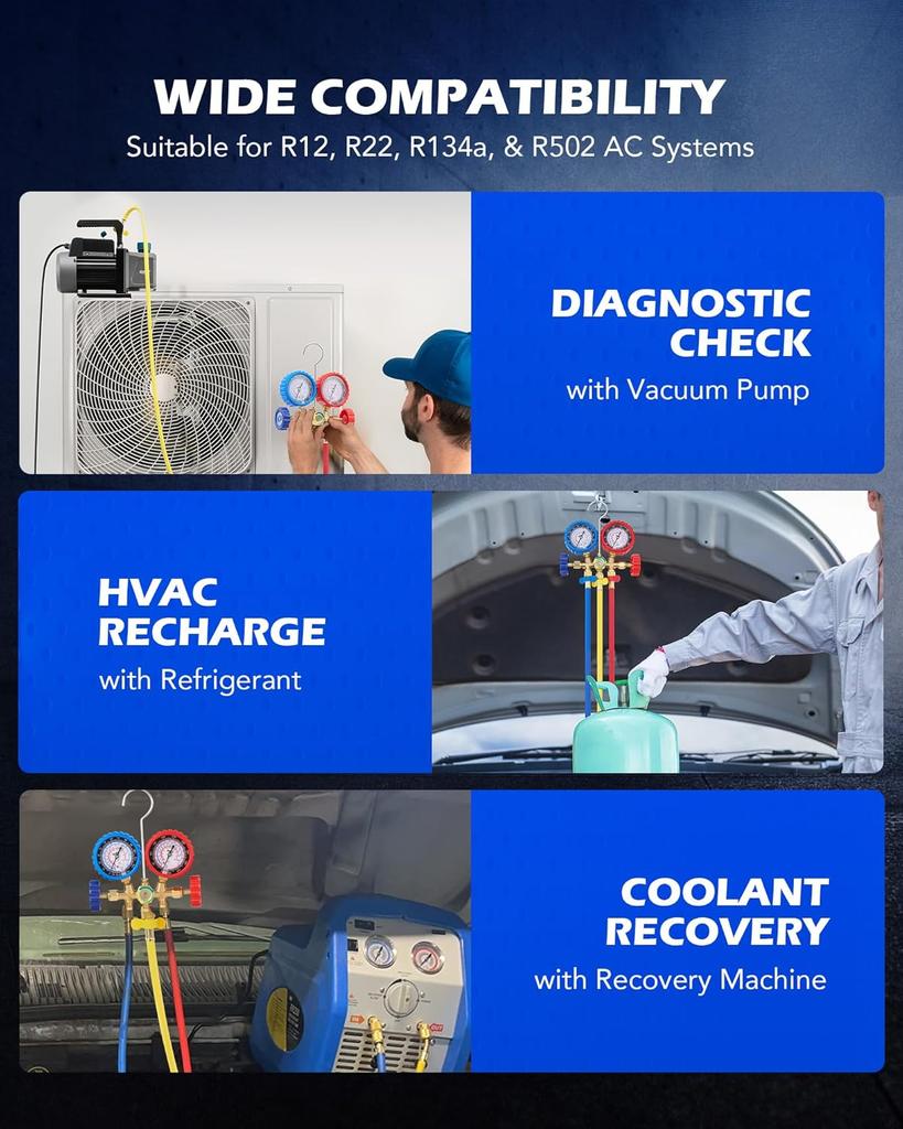 AC Gauge Set with Self-Sealing Tap, R134a R12 R22 R502, 5FT Hoses, Adjustable Couplers, Freon Charge Kit