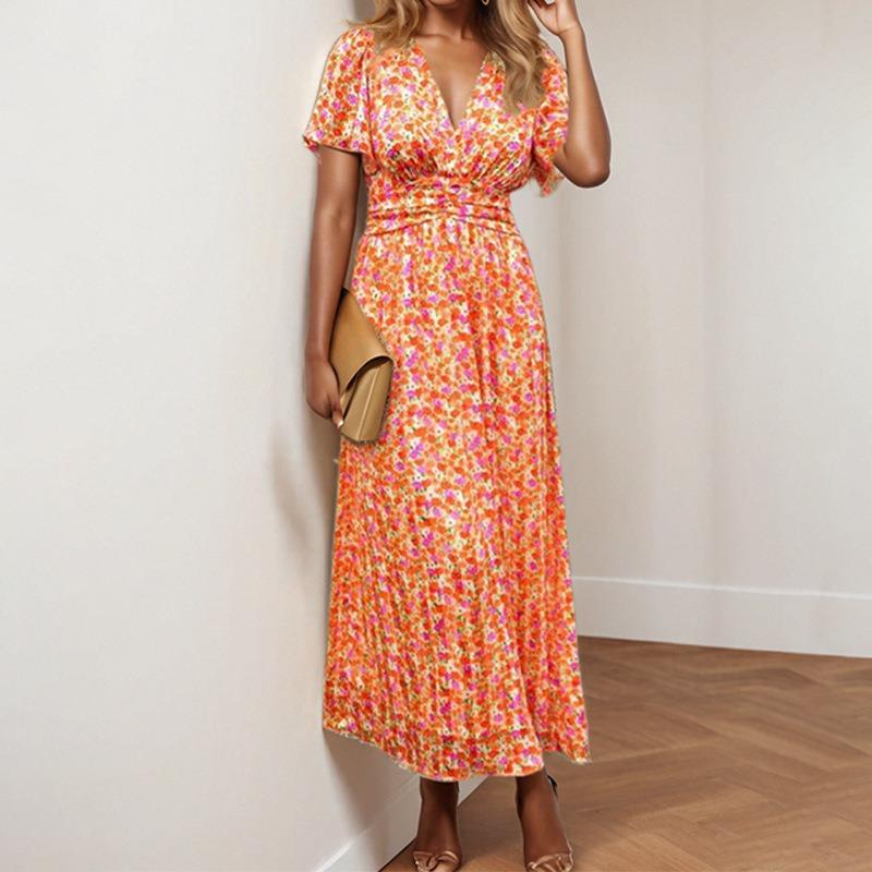 

Summer Women s Floral Print Casual Long Dress V-Neck Short Sleeve Elegant Office Female Beach Party Maxi Dresses Robe XS оранжевый