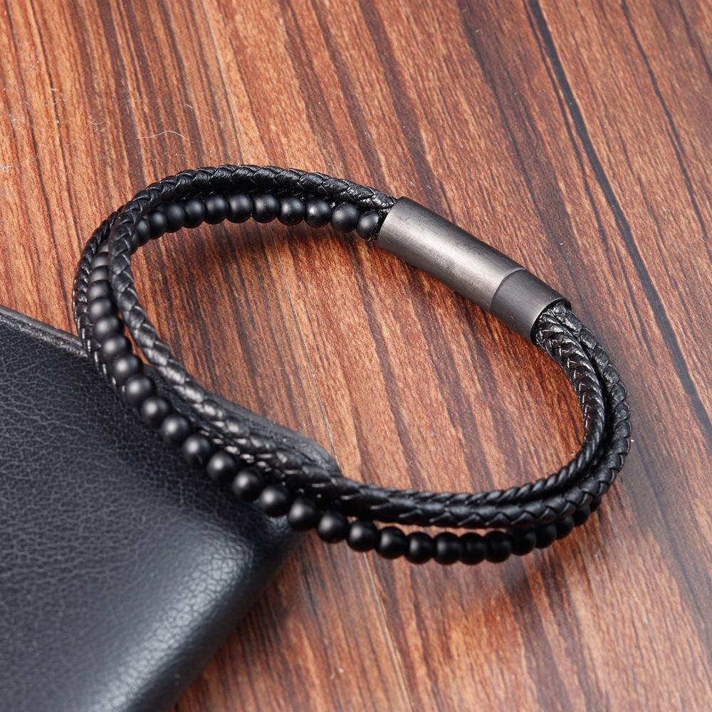 European and American Men's Multi-layer Bracelet Black Cowhide Woven, Natural Stone Matching, Genuine Leather Bracelet Leather Rope